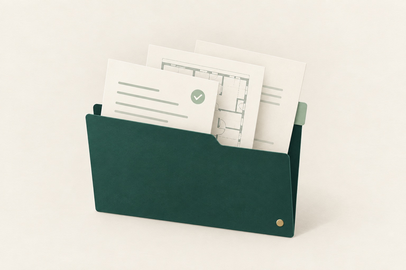 Green folder with organized documents, a drawing sheet and a revision checkmark