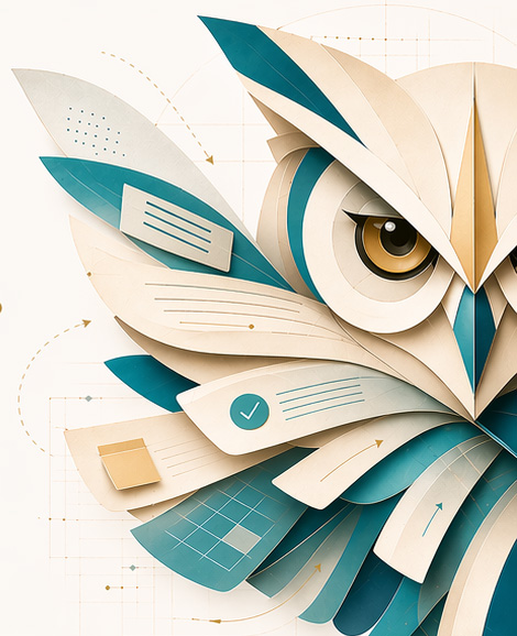 WorkStudio owl formed from documents, a calendar and task cards