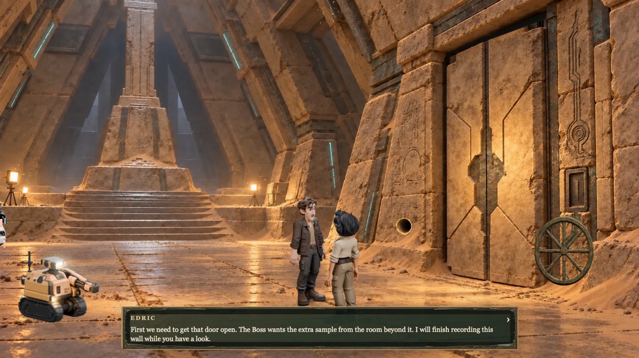 Dig Site 6 gameplay showing Edric speaking with Mira in the ancient chamber